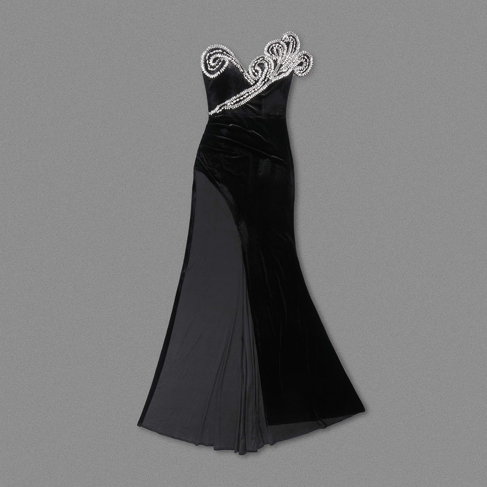 Strapless Crystal Filigree Maxi Velvet Dress Black HV1298