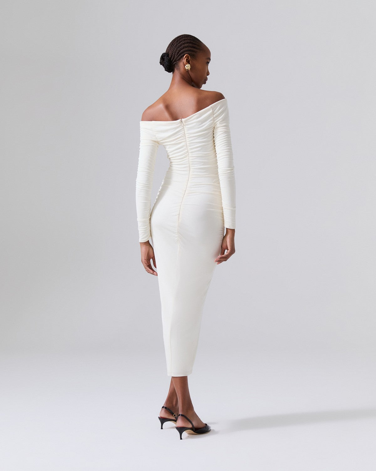 Long Sleeve Ruched Bardot Midi Dress White HV1923