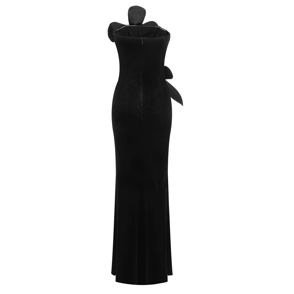 Strapless Floral Detail Maxi Velvet Dress Black HV2083