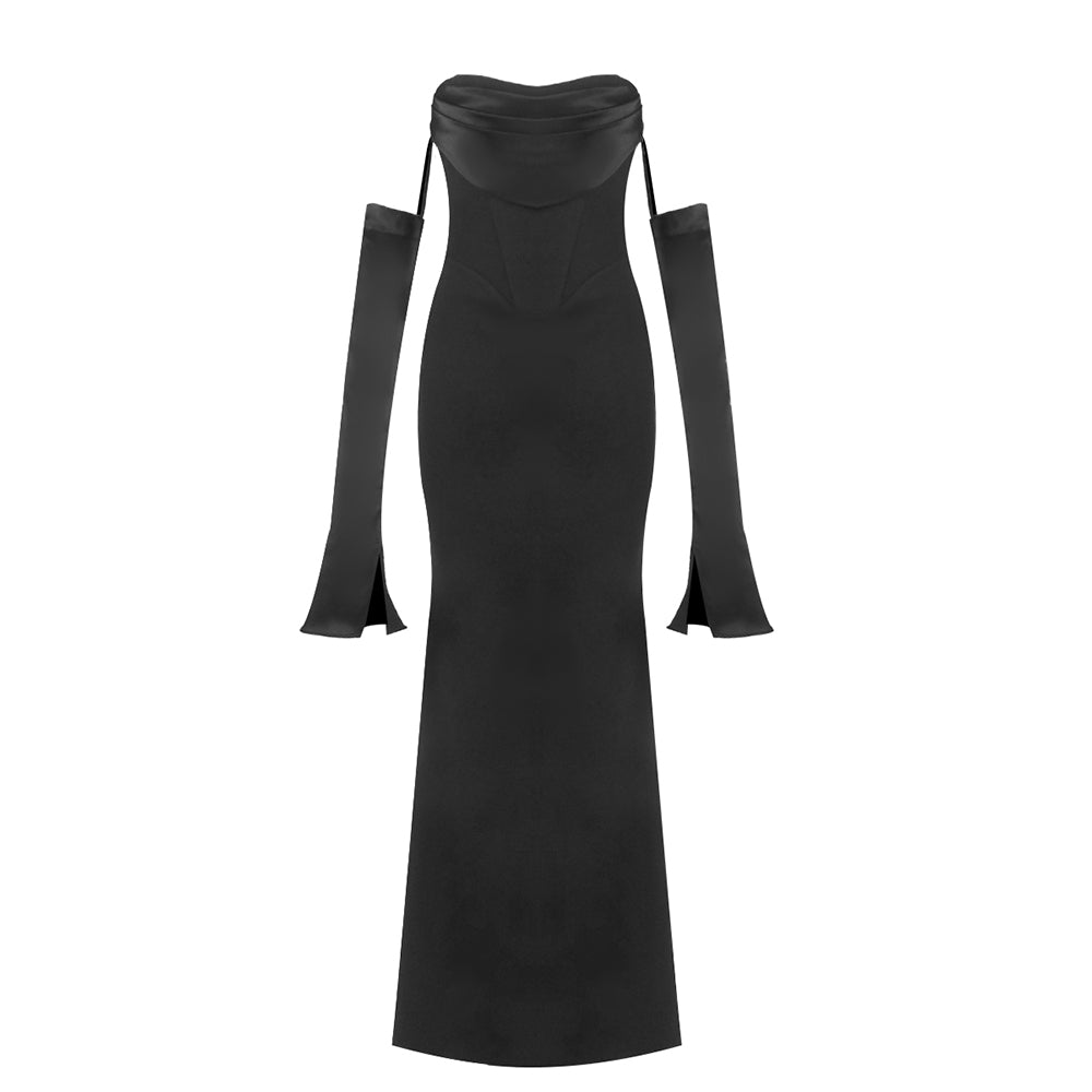 Long Sleeve Strapless Draped Maxi Dress HV2127