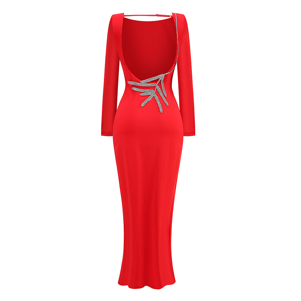 Long Sleeve Backless Maxi Dress Red