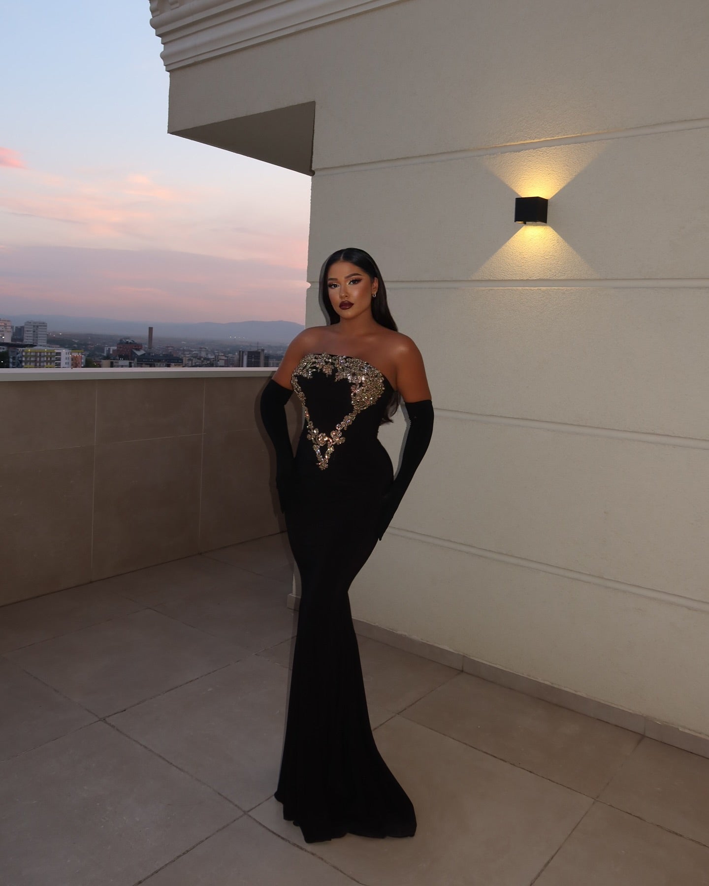 Strapless Gold Applique Maxi Velvet Dress Black HV2151