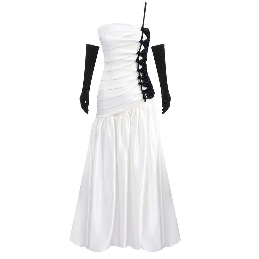 One Shoulder Velvet Insert Maxi Dress Black White HV2075