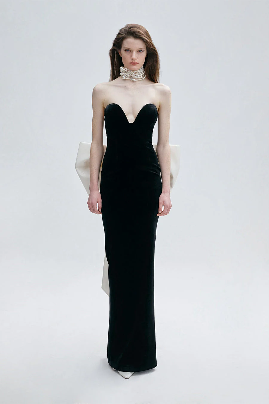 Strapless Bustier Bow Detail Maxi Dress Black White HV10110