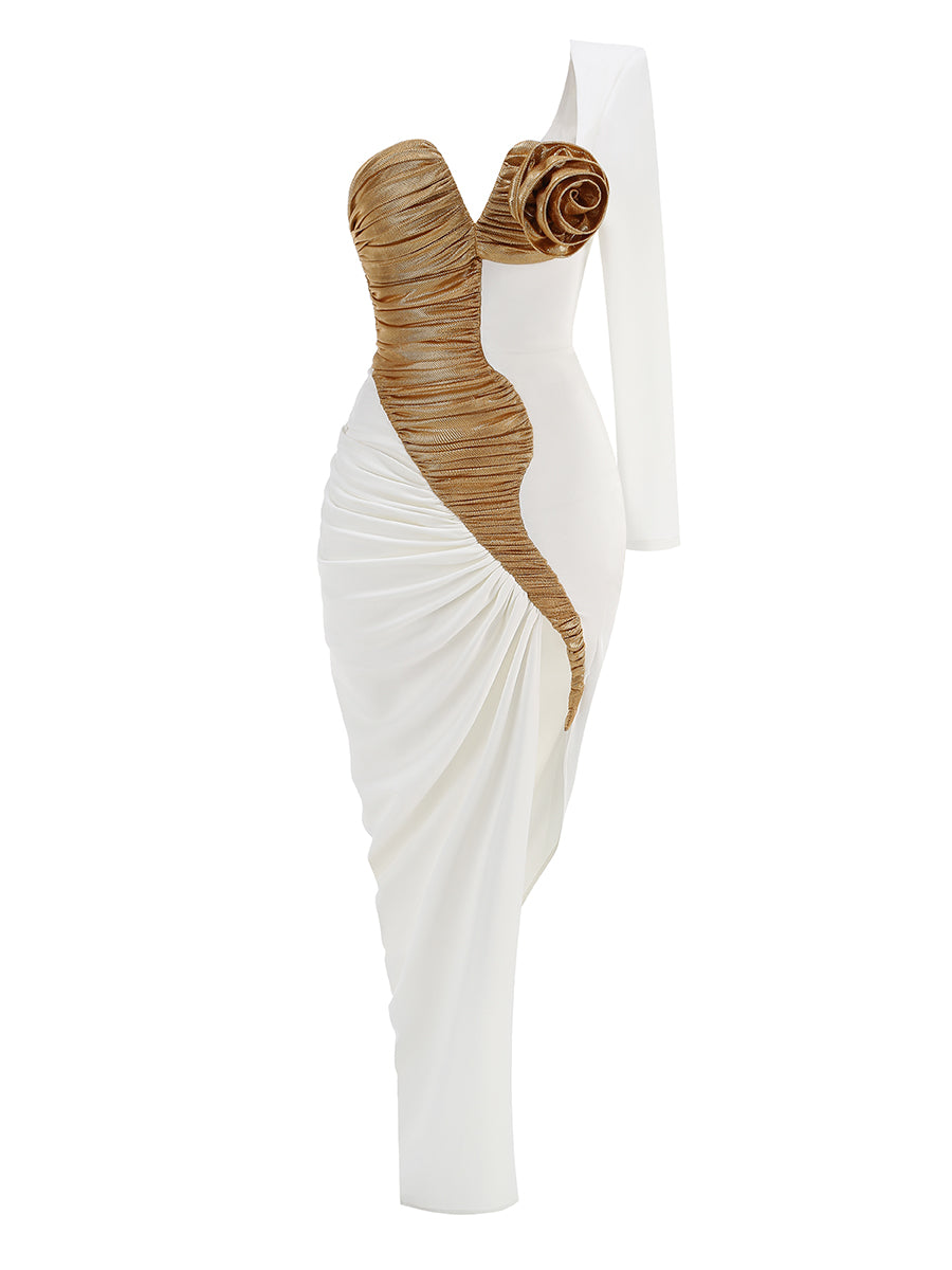 One Sleeve Floral Ruched Maxi Dress White Gold