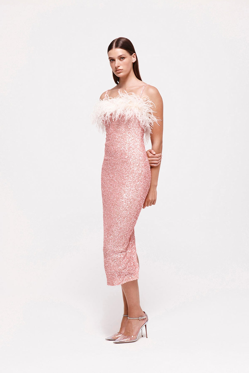 Feather Detail Sequin Midi Dress Pink White