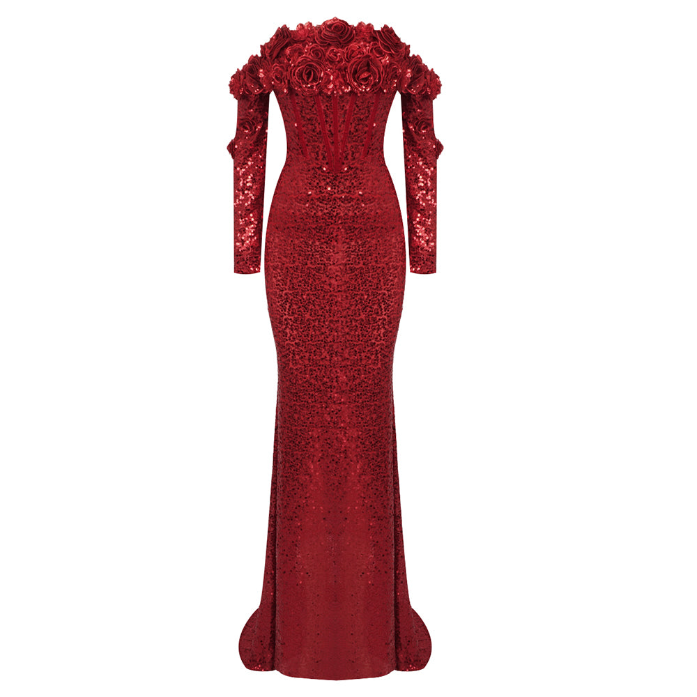 Long Sleeve Floral Bardot Sequin Maxi Dress Red HV1798
