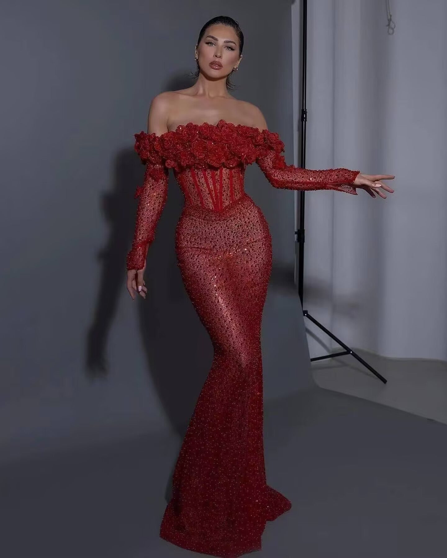Long Sleeve Floral Bardot Sequin Maxi Dress Red HV1798