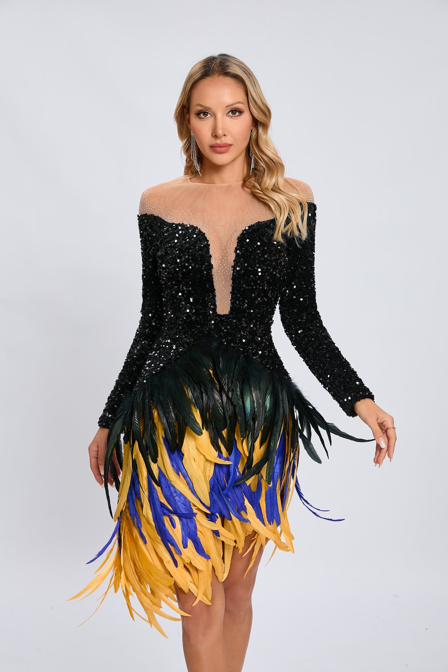 Long Sleeve Sequin Feather Dress Black HV1980
