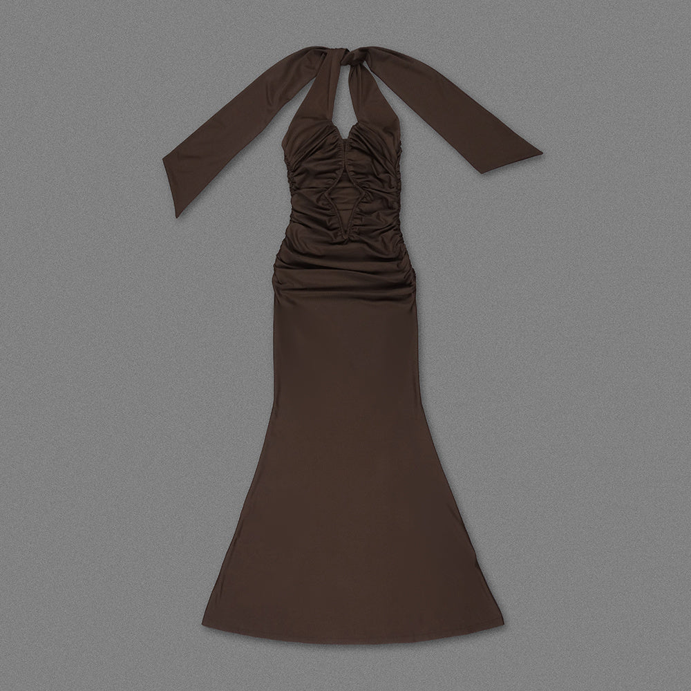 Halter Ruched Maxi Dress Brown HV2662