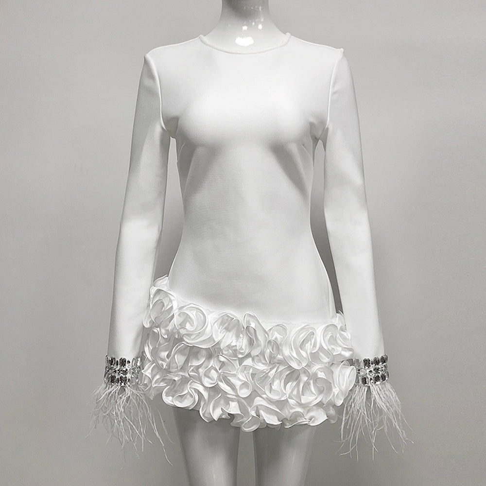 Crystal Feather Long Sleeve Ruffle Dress