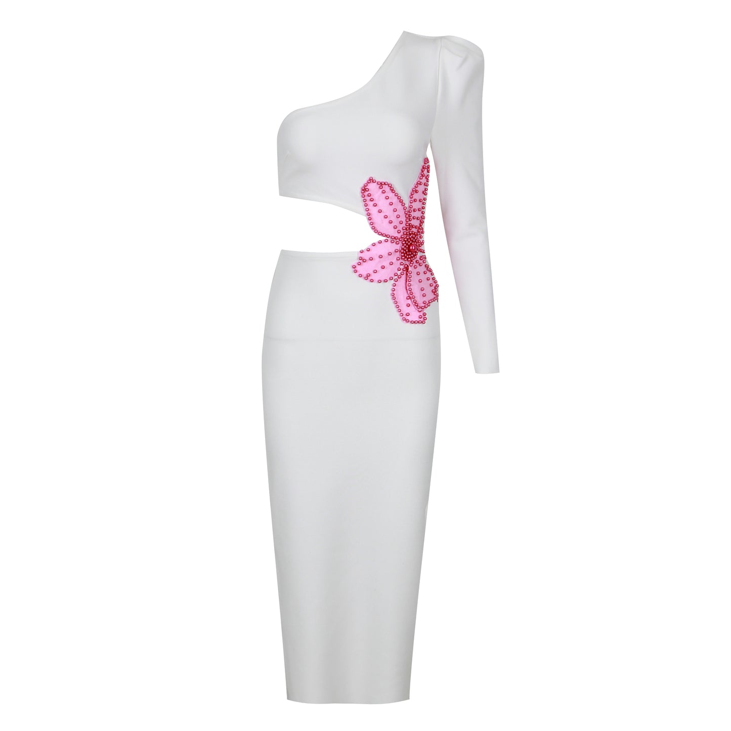 One Sleeve Pearl Flower Midi Dress Black HV9932
