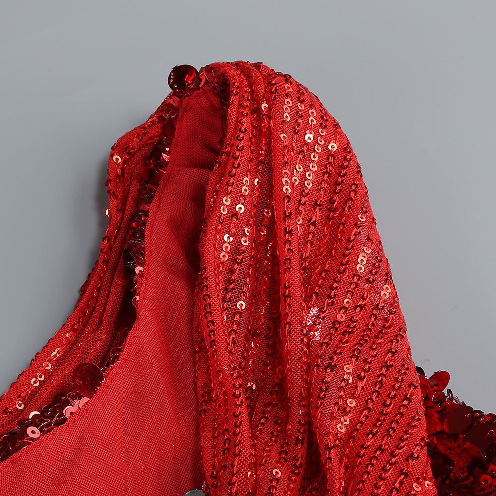 Draped Sequin Maxi Dress Red Silver HV1924
