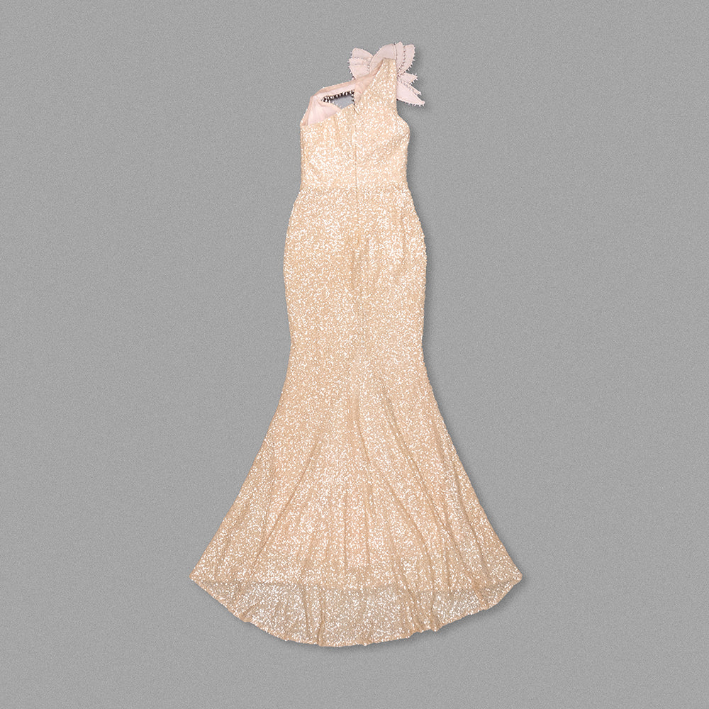 One Shoulder Pearl Sequin Maxi Dress Nude HV1782