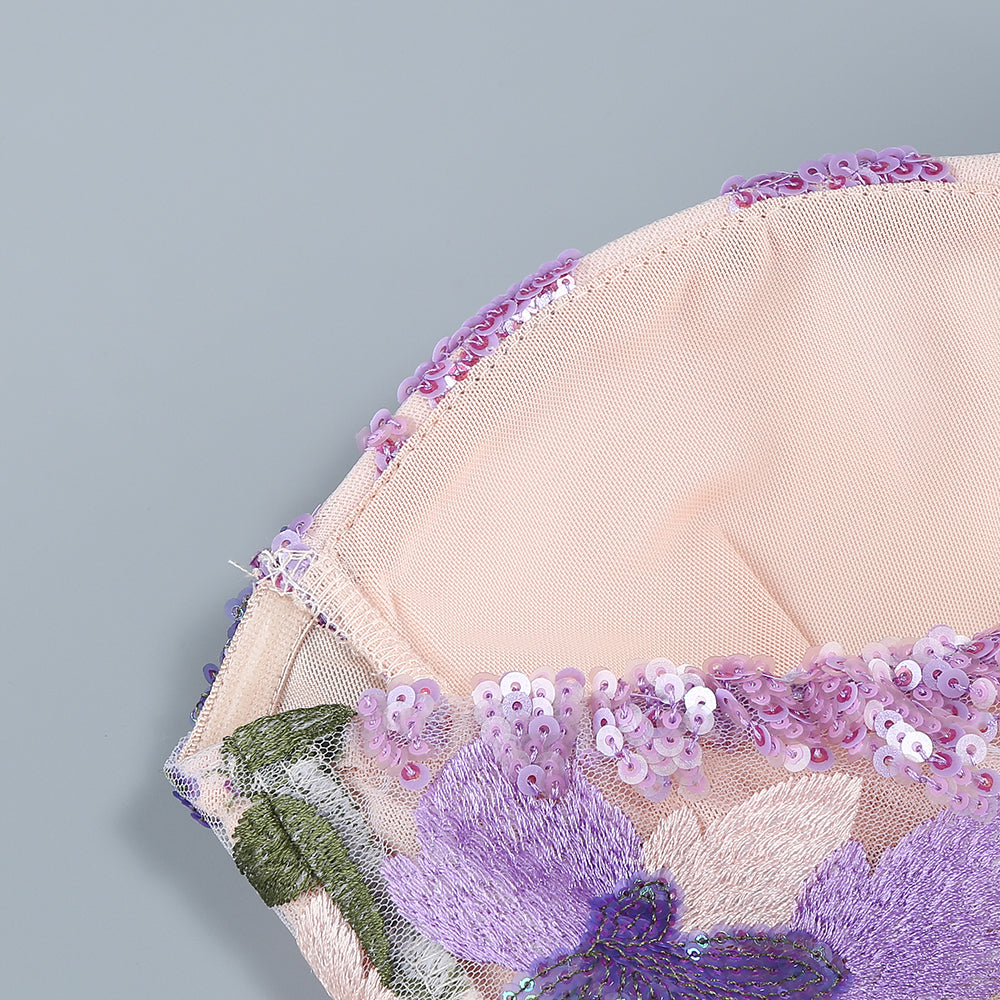 Strapless Floral Sequin Bustier Maxi Dress Lavender HV1373