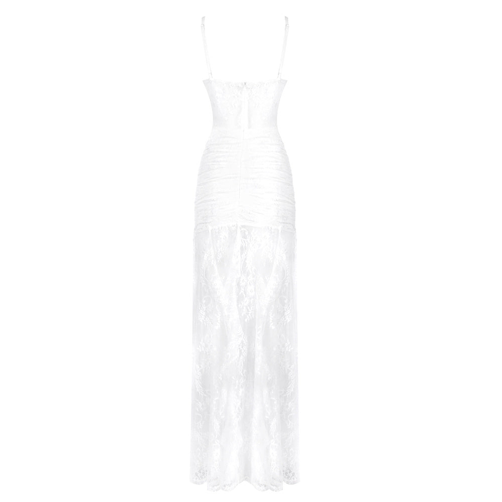 Lace Ruched Corset Maxi Dress White HV2628