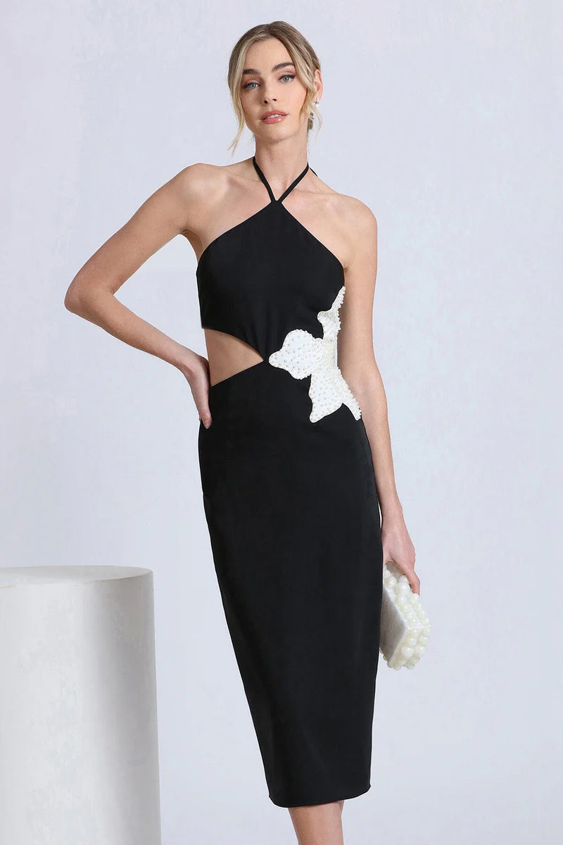Halter Pearl Flower Midi Dress Black White HV1492
