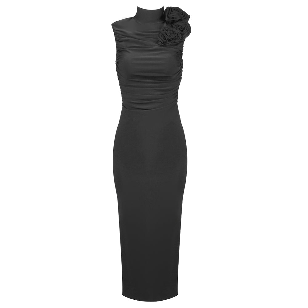 Flower Detail Ruched Midi Dress HV1443