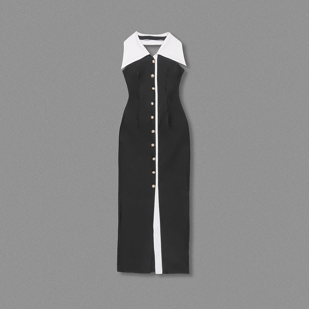 Halter Collar Maxi Dress Black White HV1780
