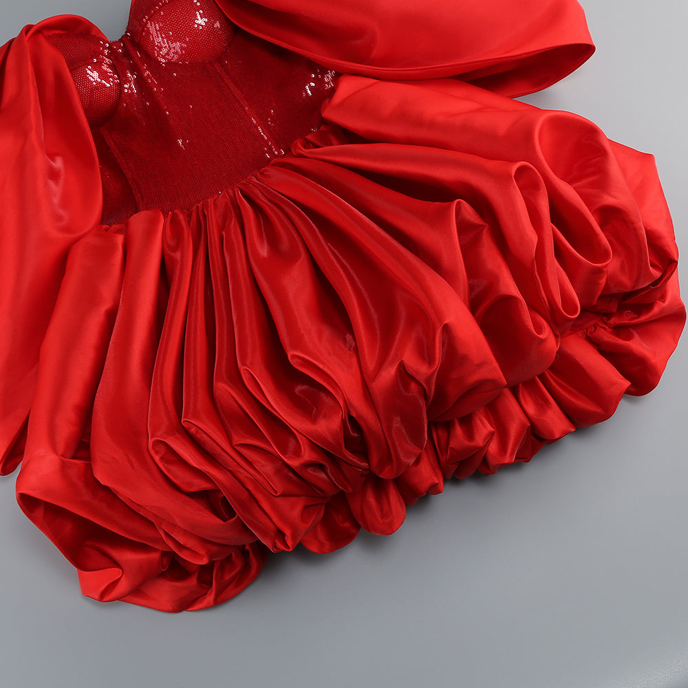 Bardot Sequin Bustier Puff Dress Red