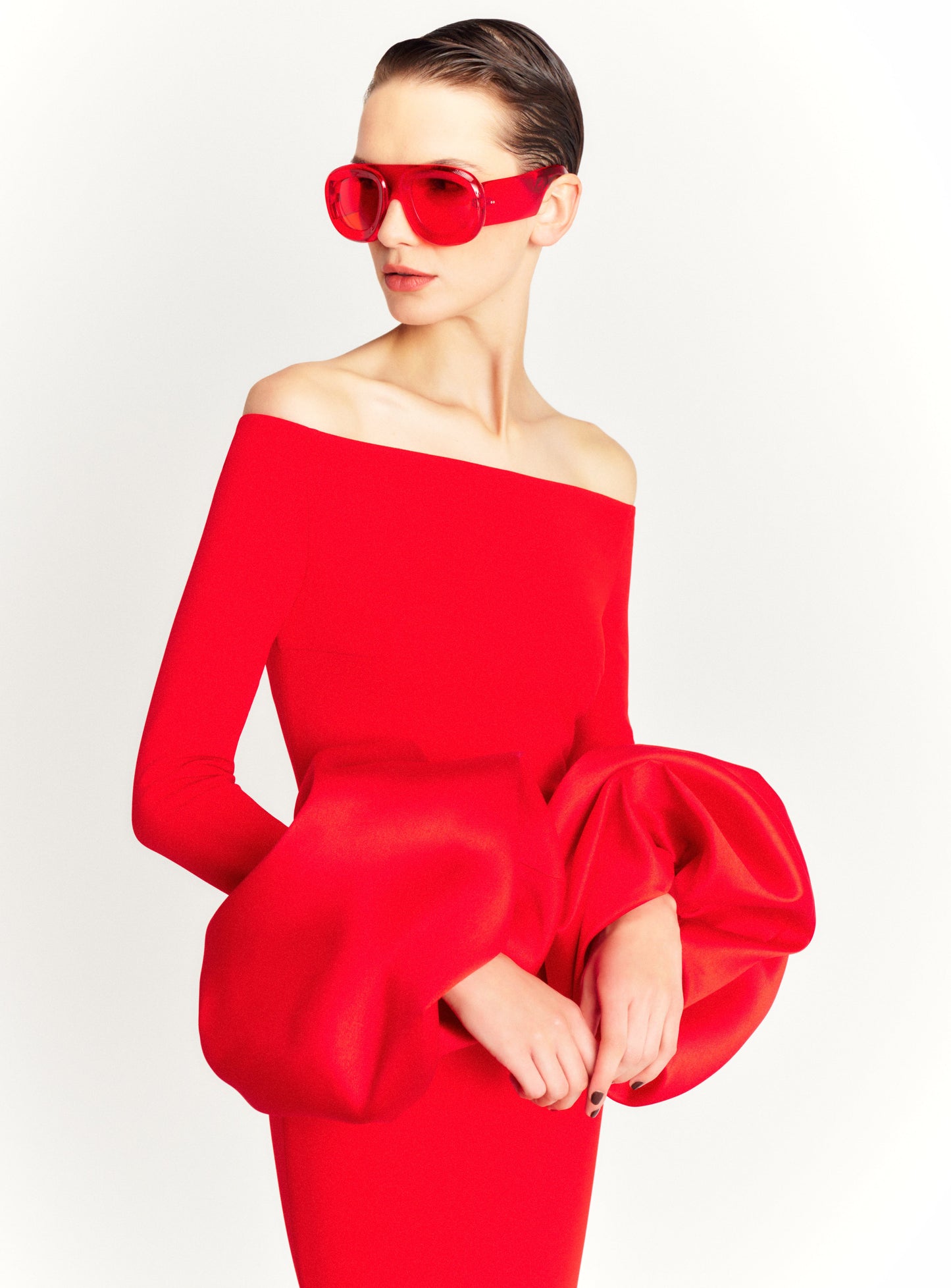Long Sleeve Bardot Maxi Dress Red HV1855