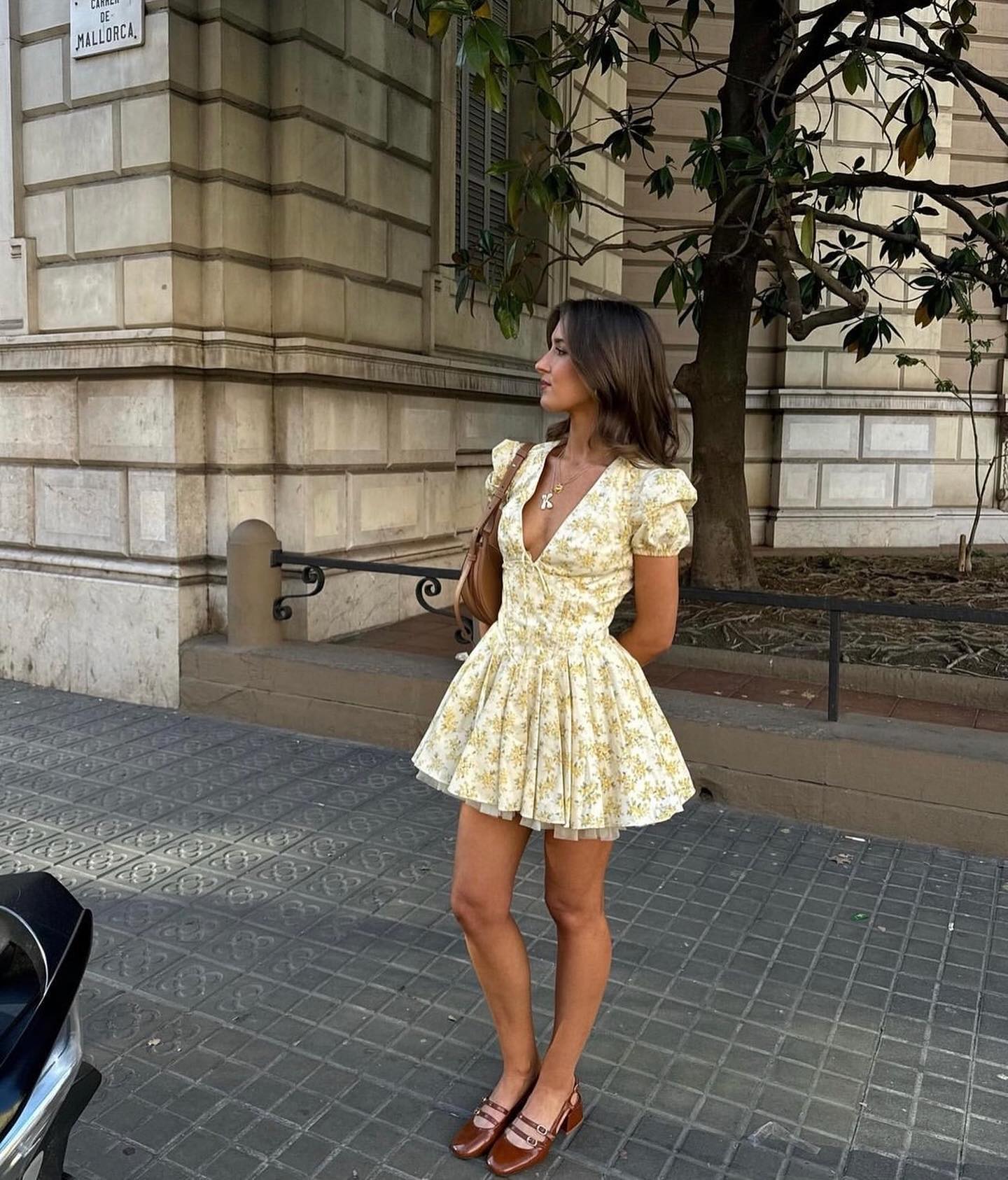 Short Sleeve Floral A Line Dress Yellow HV1205