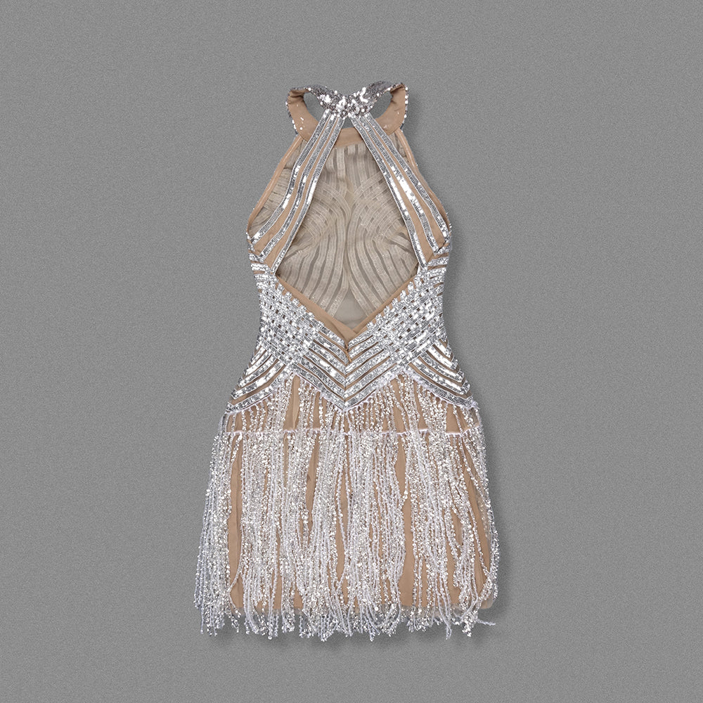 Halter Sequin Tassel Backless Dress Silver HV2143