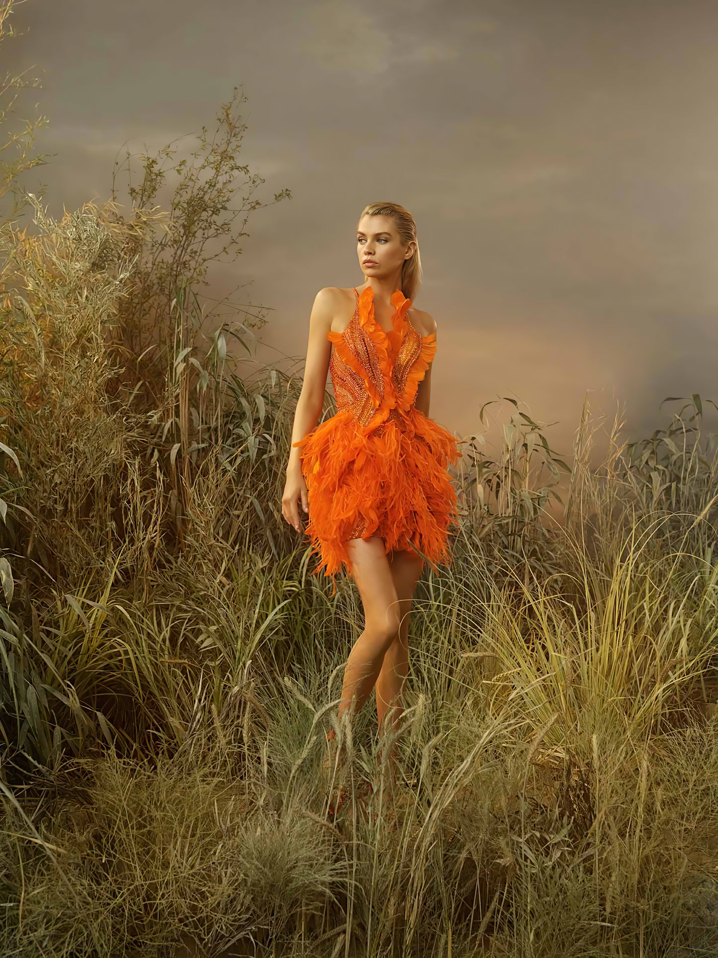 Feather Sequin Dress Orange HV1377