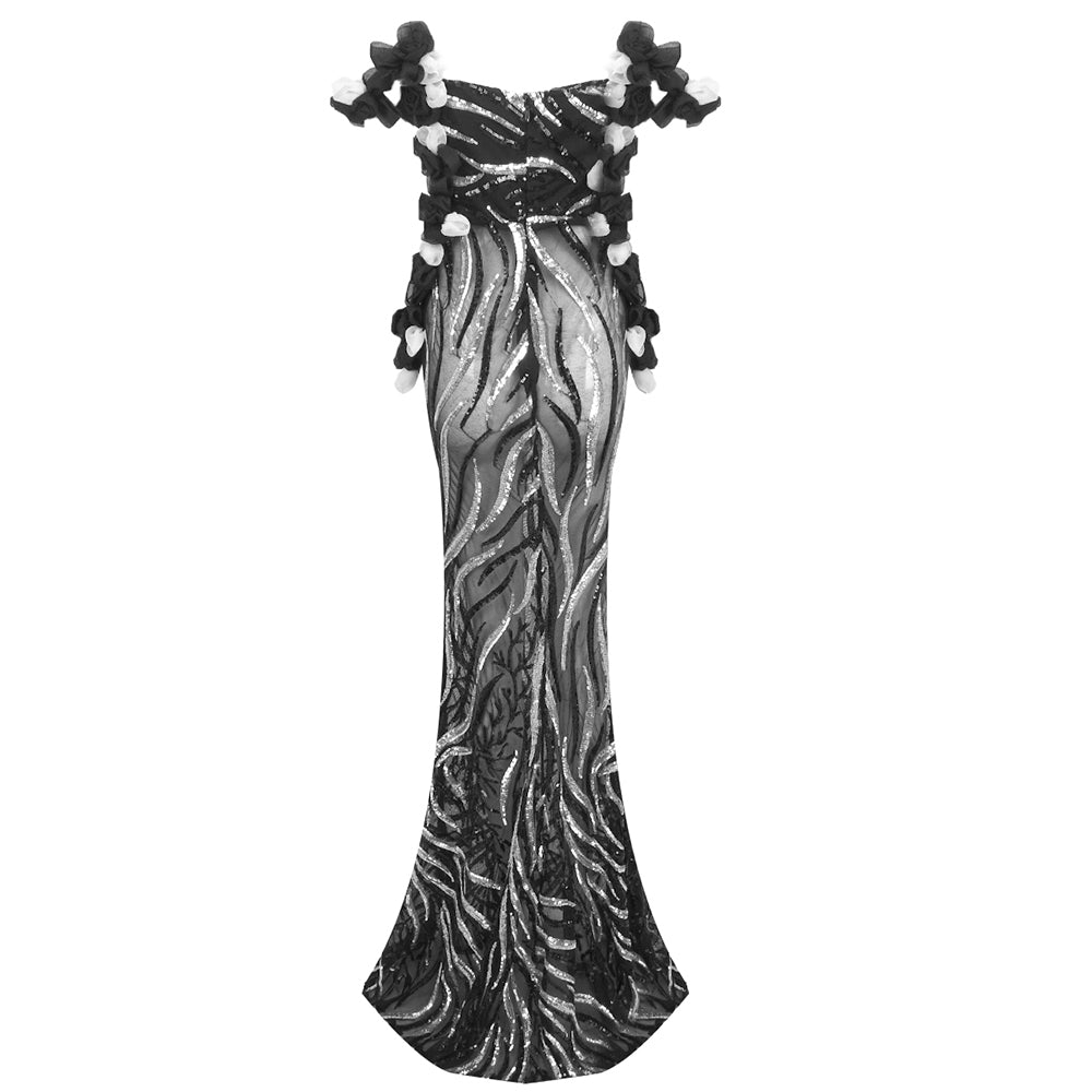 Bardot Petal Sequin Maxi Dress Black Silver HV1743