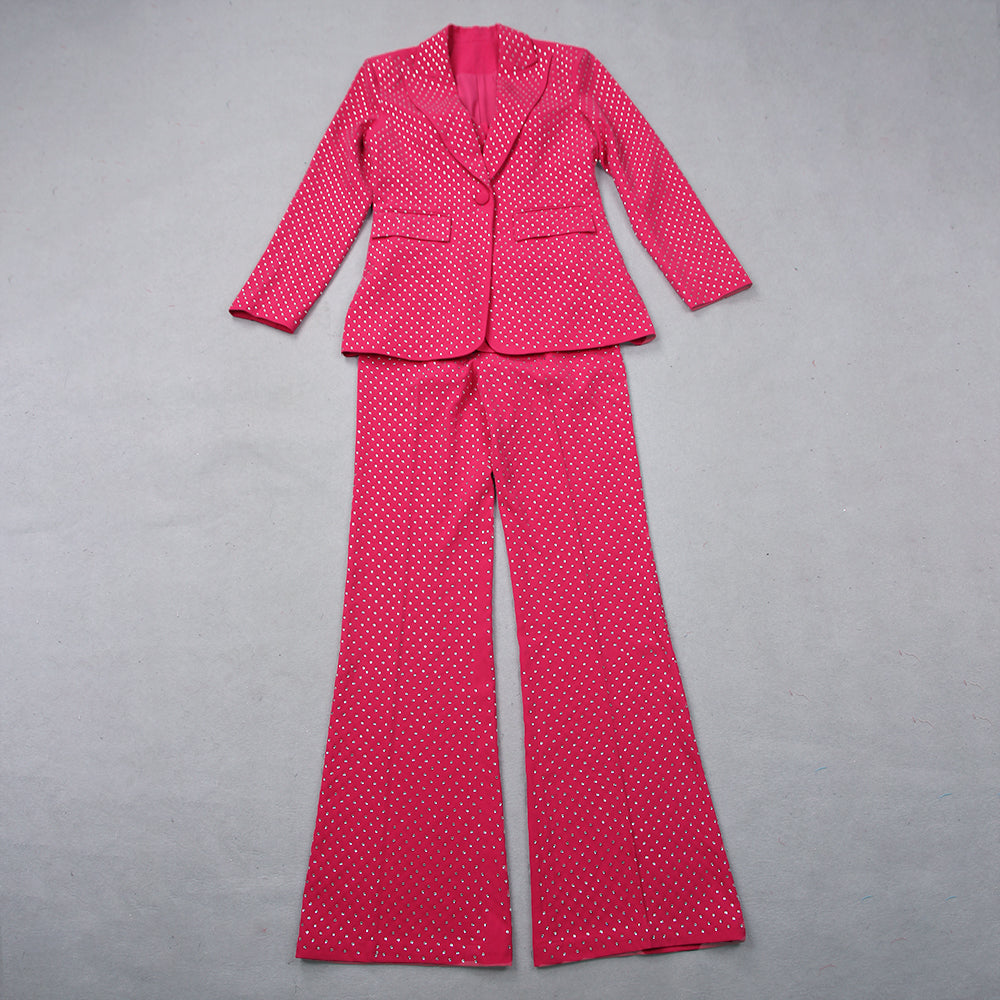Sparkly Long Sleeve Three Piece Suit Hot Pink HV9601