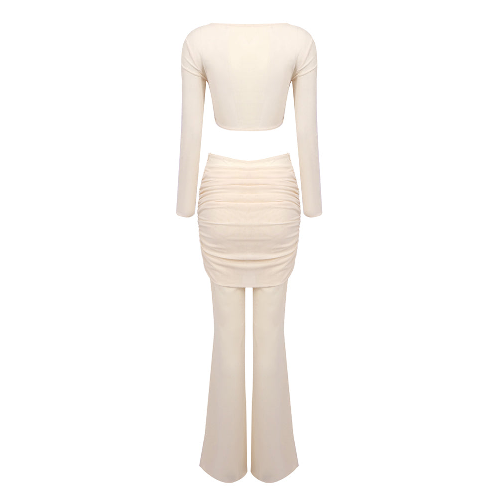 Long Sleeve Draped Two Piece Jumpsuit Nude HV1125