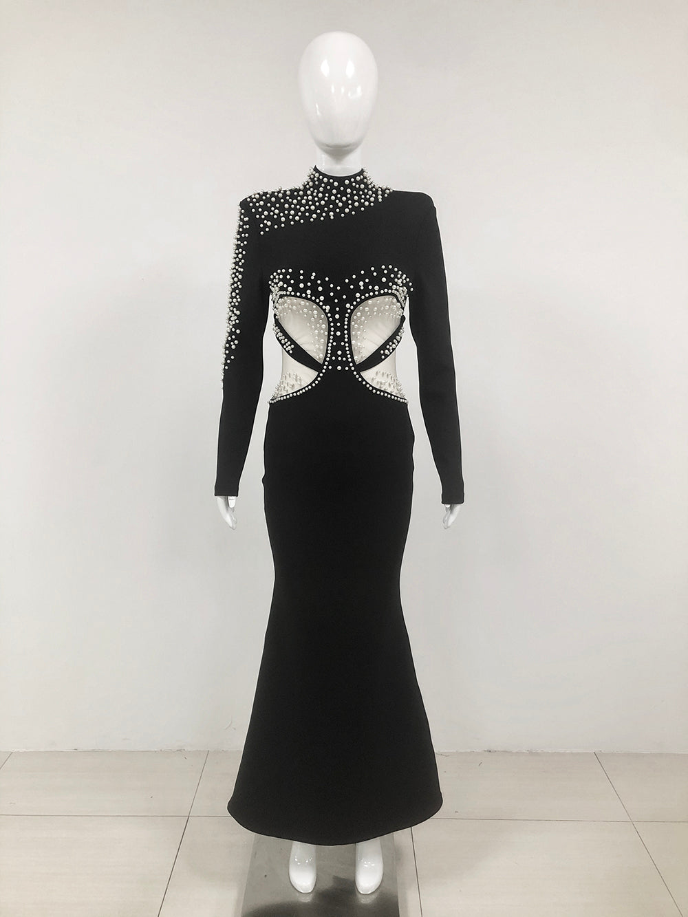 Long Sleeve Pearl Mesh Maxi Dress Black