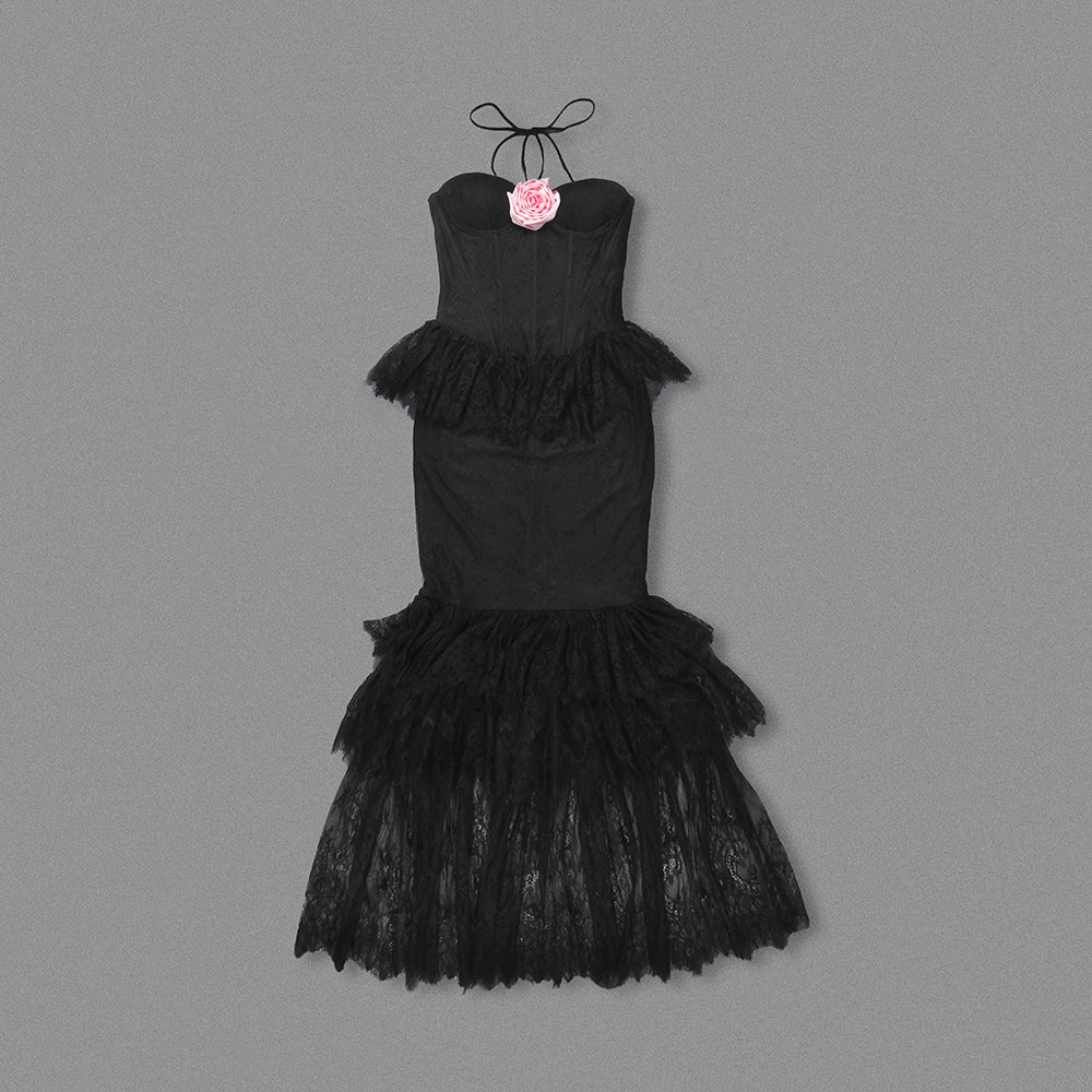 Halter Floral Lace Ruffle Maxi Dress Black HV2077