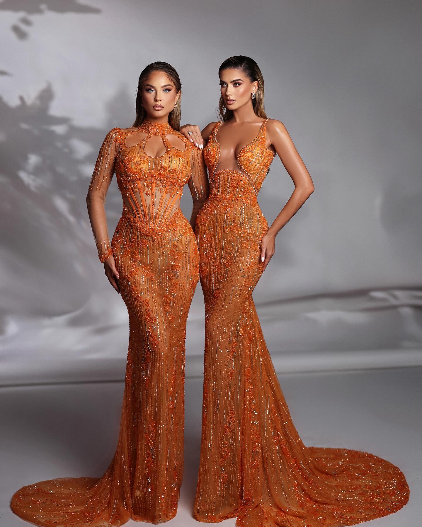 Floral Sequin Mesh Maxi Dress Orange HV2132
