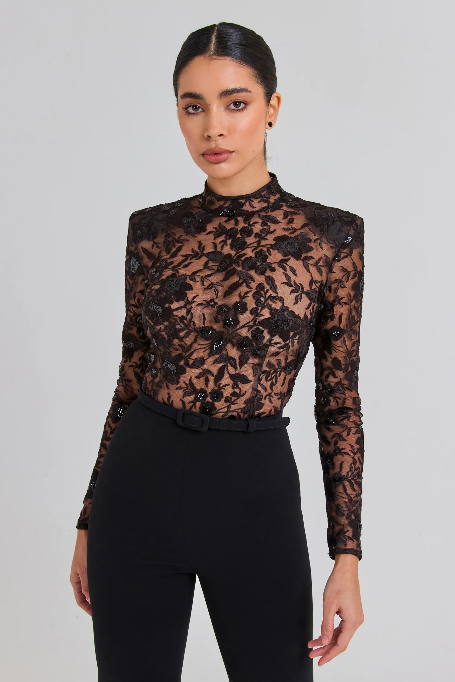 Long Sleeve Lace Sequin Jumpsuit Black HV1135