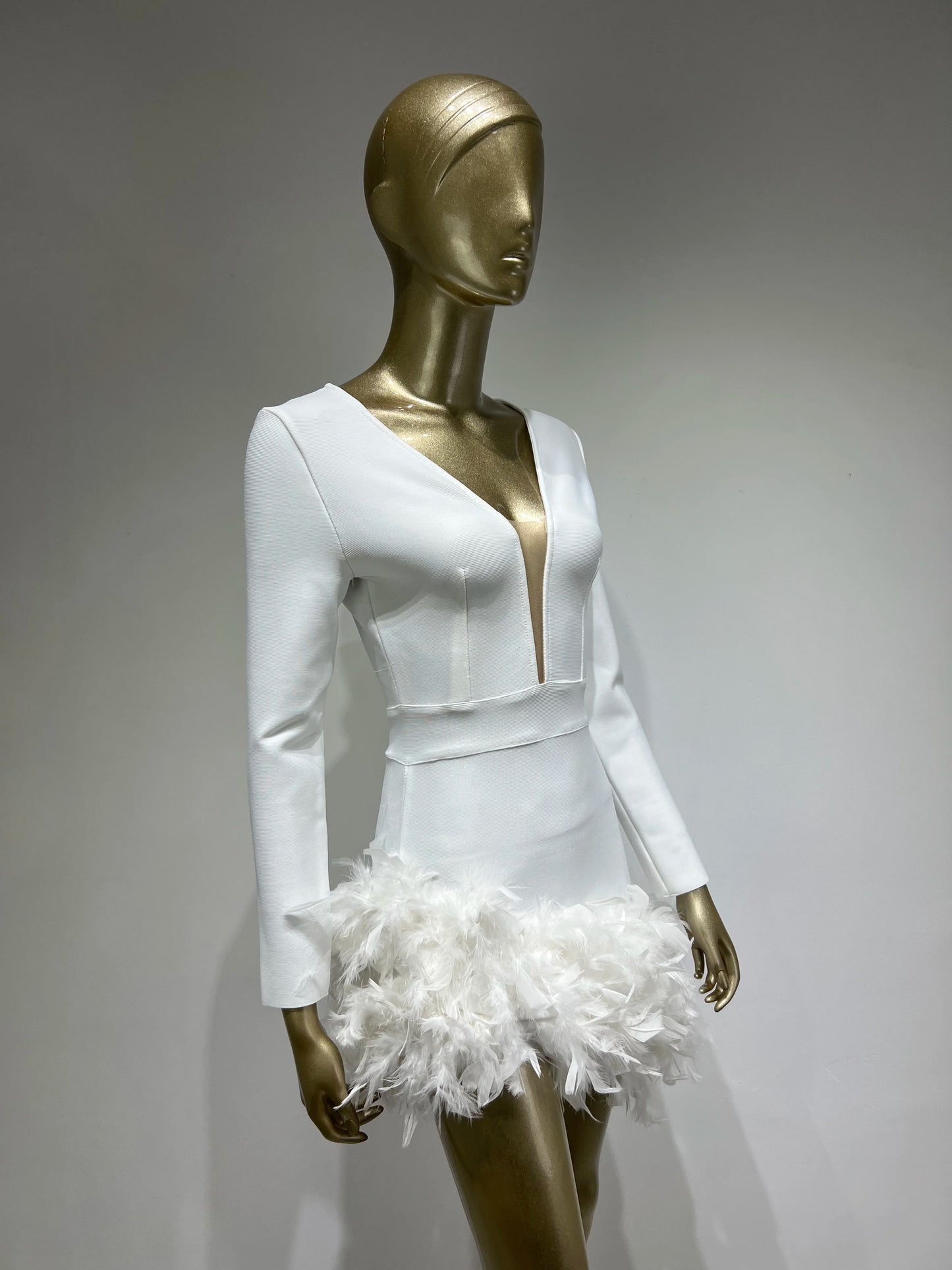 Long Sleeve Rhinestone Feather Dress HV9215