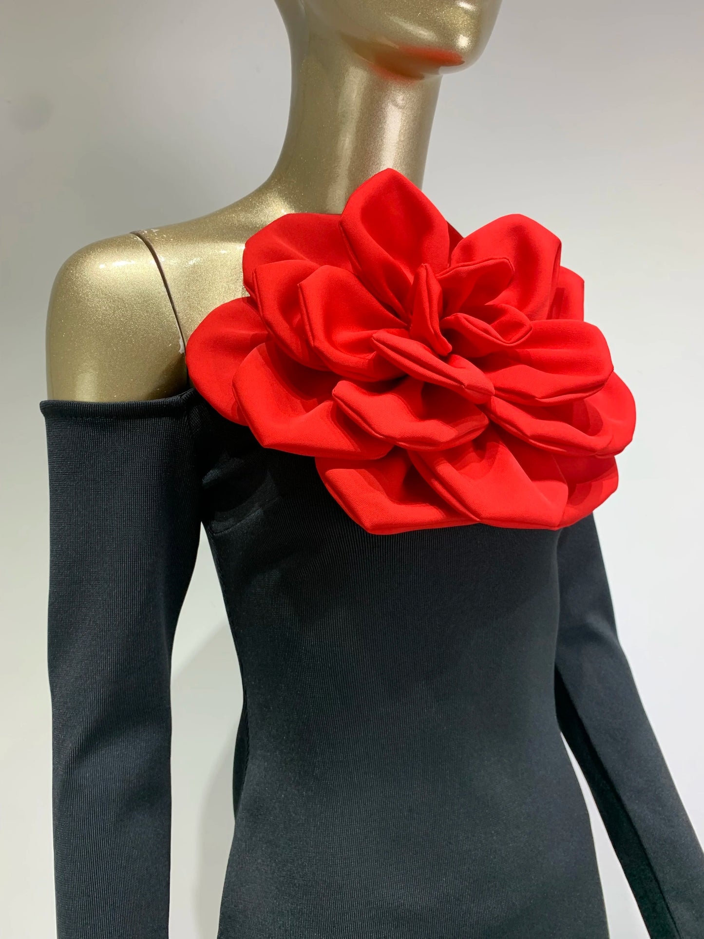 Long Sleeve Rose Detail Maxi Dress Black Red HV1031