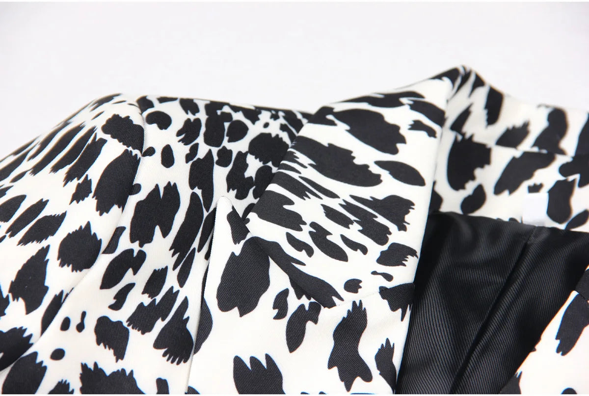 Long Sleeve Animal Print Blazer Black White