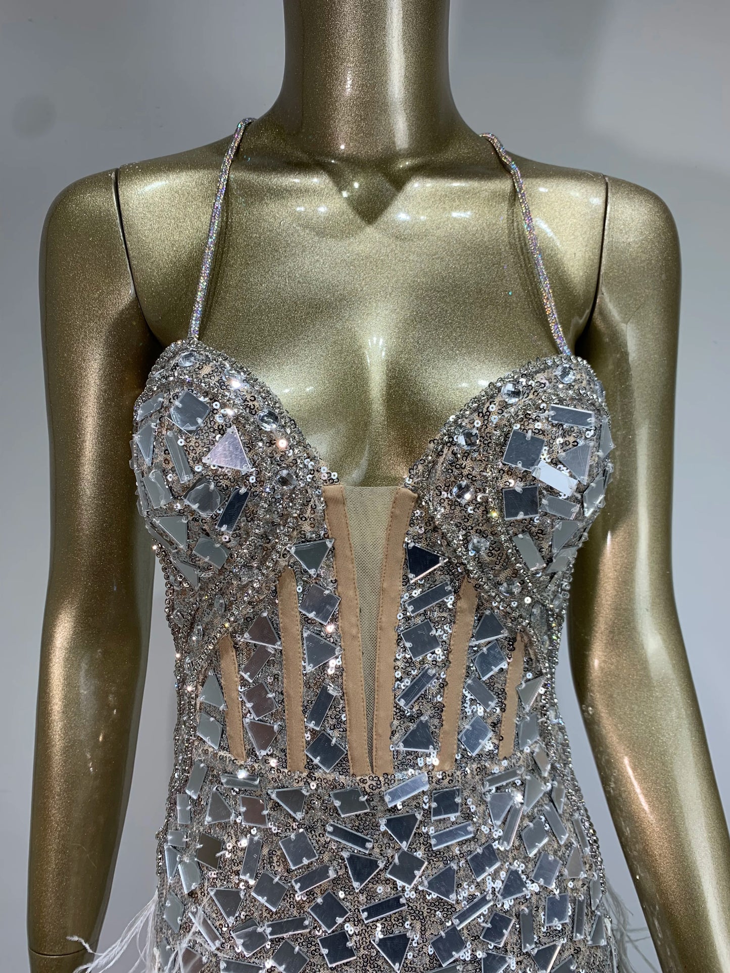 Halter Crystal Feather Sequin Dress Silver HV1442