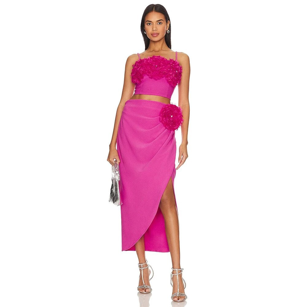 Flower Detail Two Piece Midi Dress Hot Pink