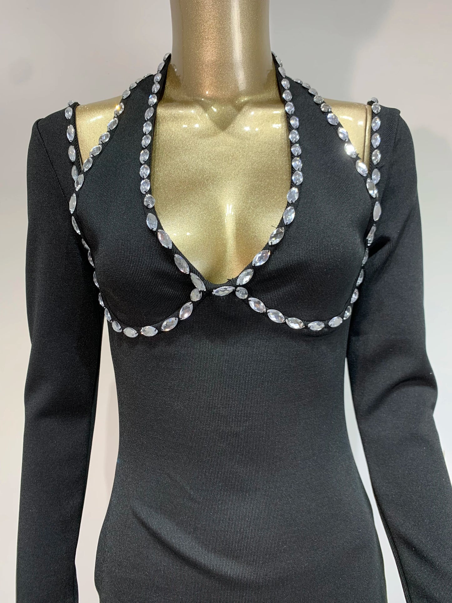 Long Sleeve Halter Crystal Bustier Maxi Dress Black HV1808