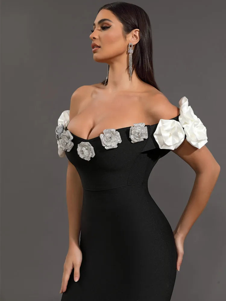 Floral Bardot Maxi Dress Black White HV1469