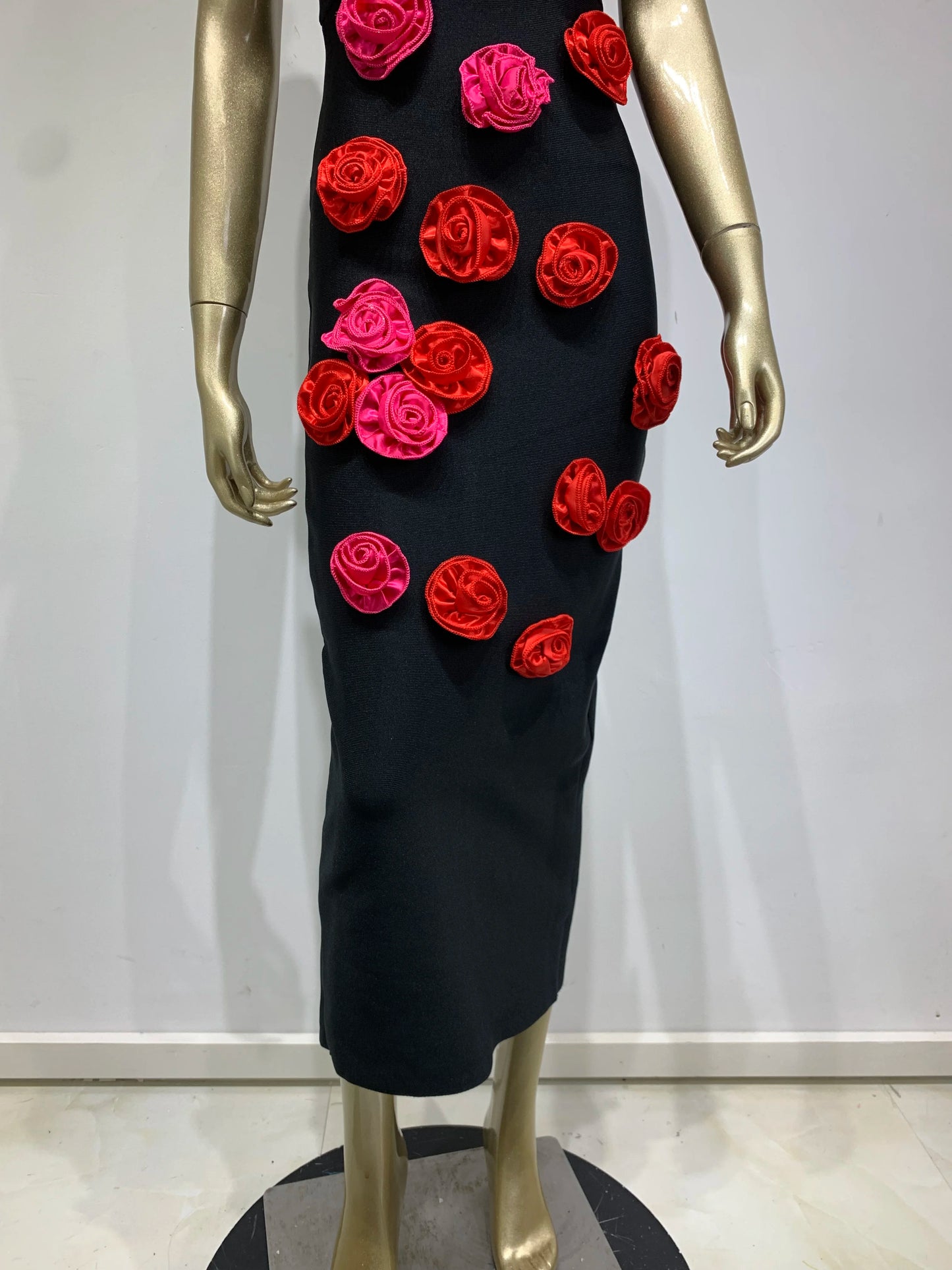 One Shoulder Rose Detail Midi Dress Black HV1094