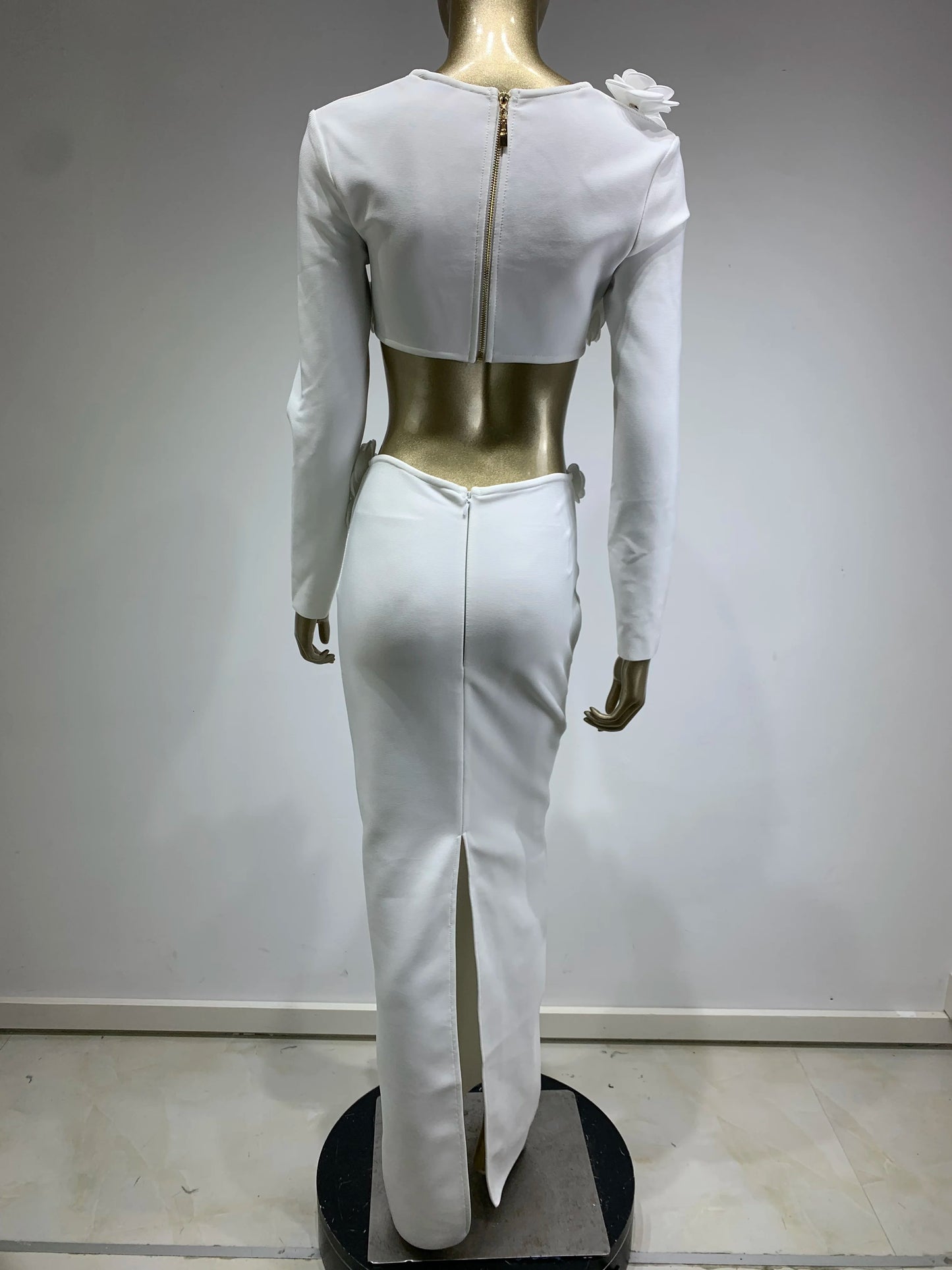 Long Sleeve Flower Detail Two Piece Maxi Dress White HV1155