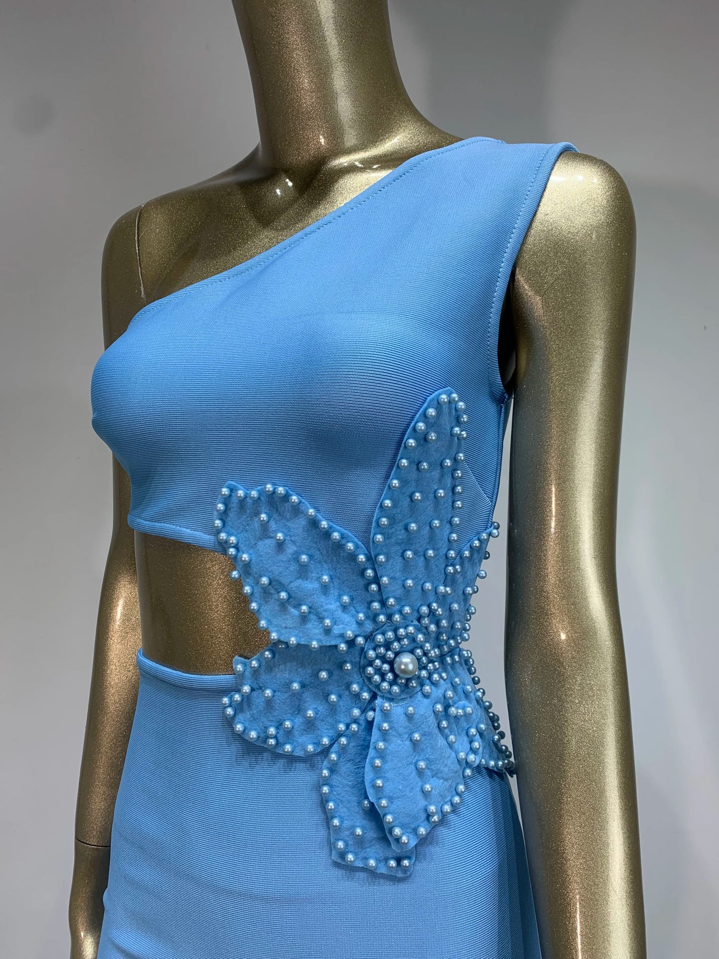 One Shoulder Pearl Flower Midi Dress Blue HV1188