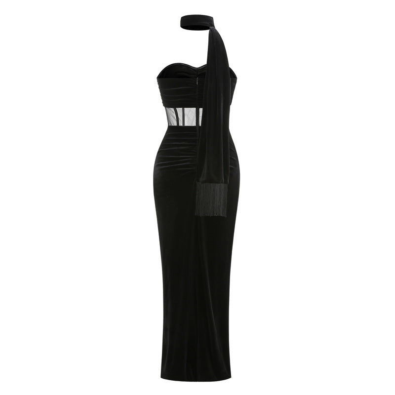 Strapless Mesh Insert Maxi Velvet Dress Black HV2808