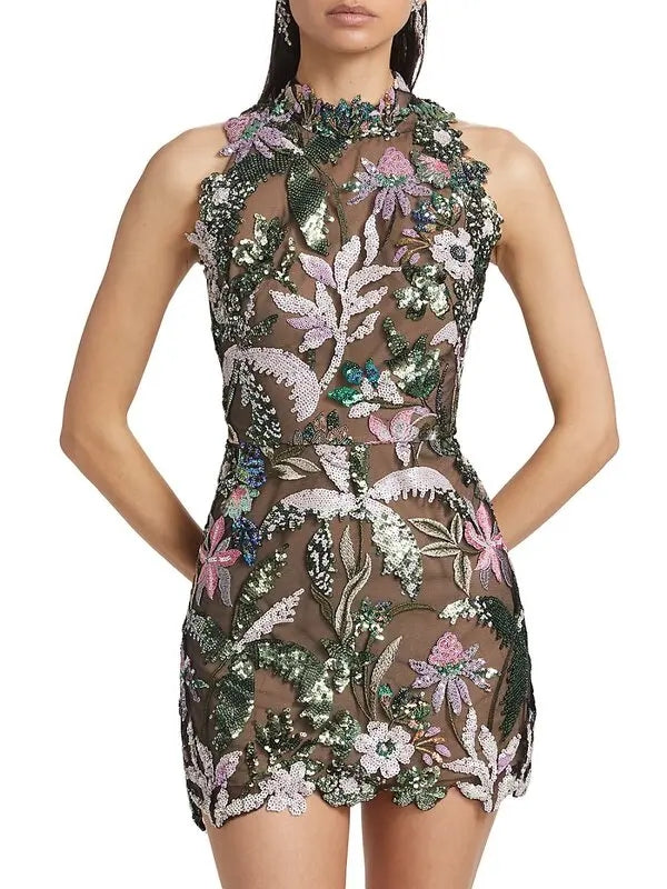 Floral Embroidered Sequin Dress Green Pink HV1600