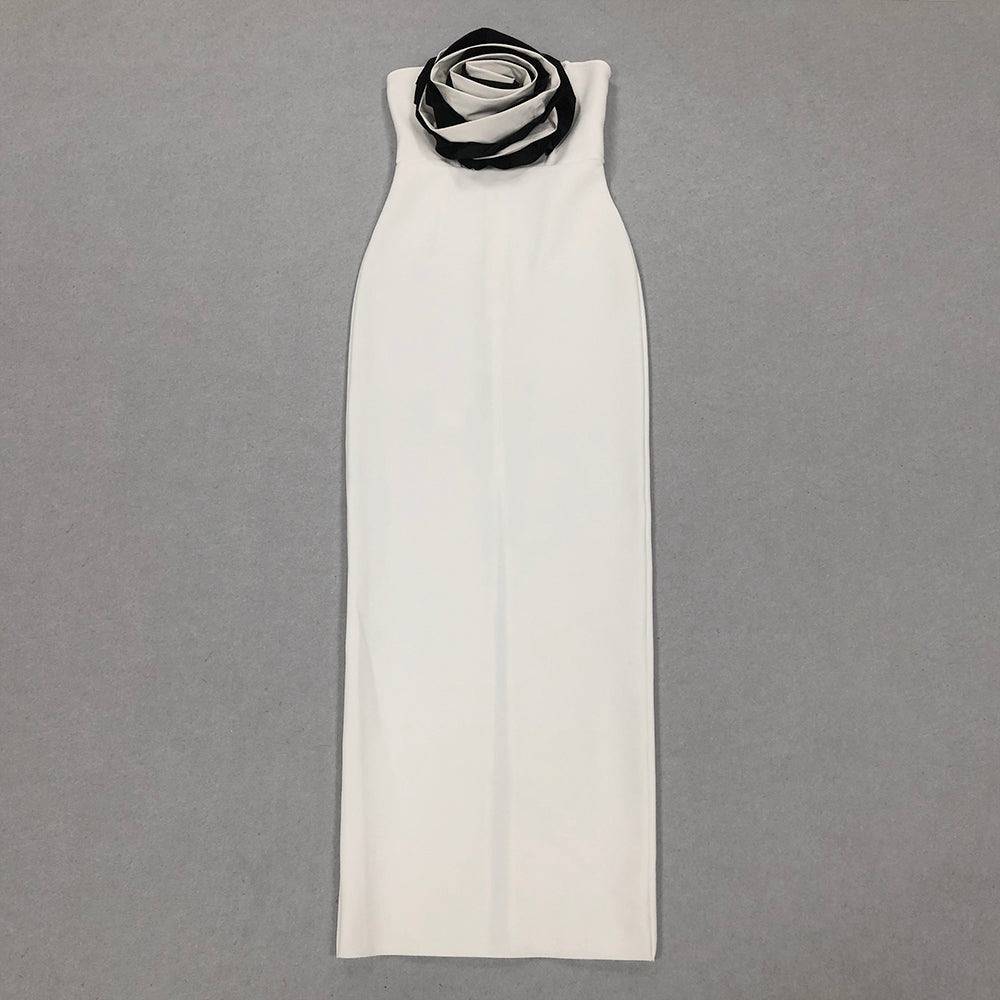 Strapless Floral Maxi Dress White Black HV1642