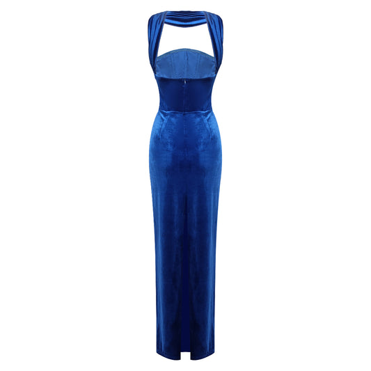Halter Maxi Velvet Dress Blue HV2031