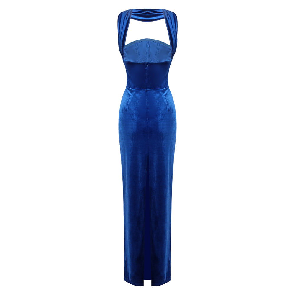 Halter Maxi Velvet Dress Blue HV2031
